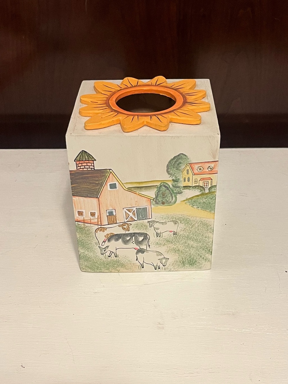 Sunflower Top Farmhouse Wood Tissue Box Cover - Cream, Yellow, Green
